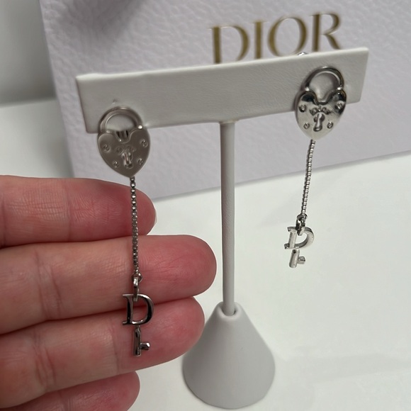 DIOR SILVER Lock & Key Dangling Earrings 2.5” - Picture 4 of 5